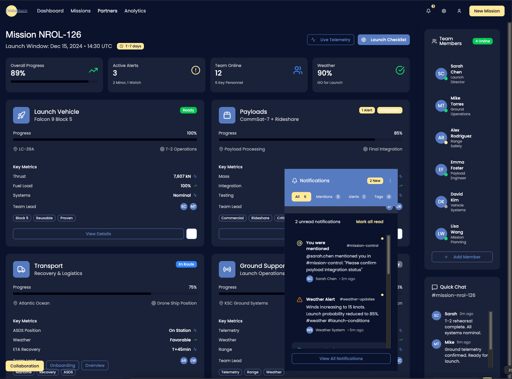OrbitalMatch mission dashboard